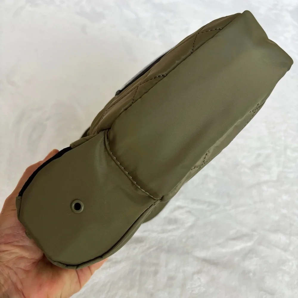STEVE MADDEN Bavia Olive Green Quilted Crossbody Bag with Attached Water Bottle